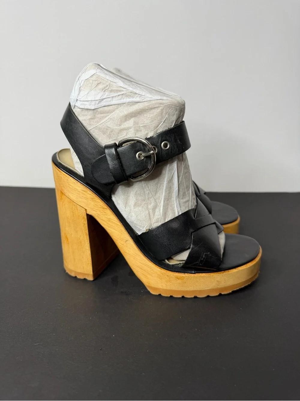 Black Leather Platform Sandals with Wooden Block Heel